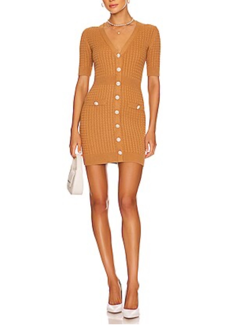 Lovers + Friends Camel Ribbed Button-Front Bella Mini Dress
